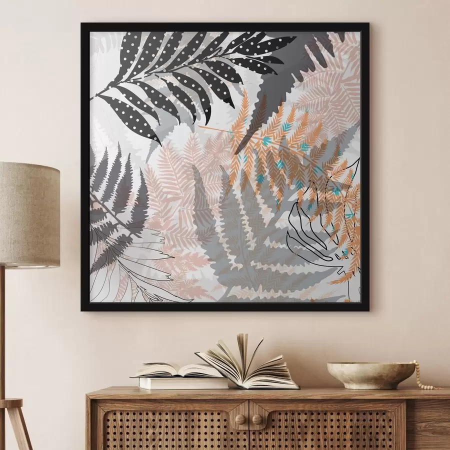 carta da parati foglie tropicali, grafica, texture, beige e nero, silhouette, contemporaneo, pianta nr. f45103