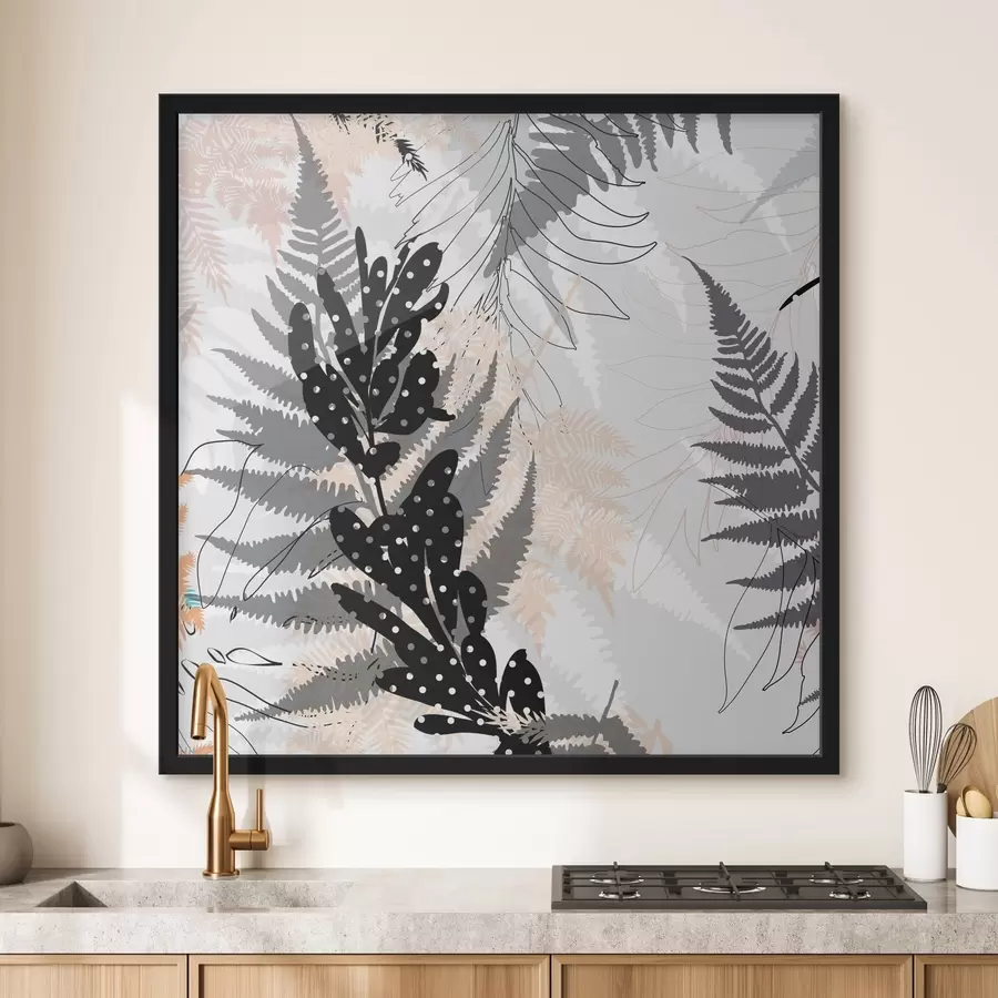 carta da parati stampa naturalistica, fogliame decorativo, mix di giungla, forme di felce, tavolozza neutra, arte delle foglie nr. f45104