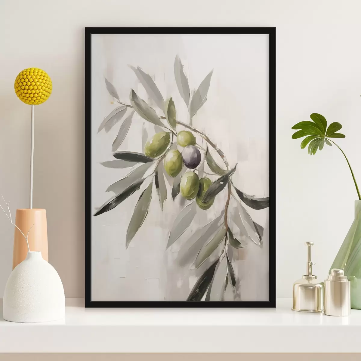 Poster olive verdi, dettaglio del ramo, sfondo chiaro, organico, tavolozza naturale, rustico f45110