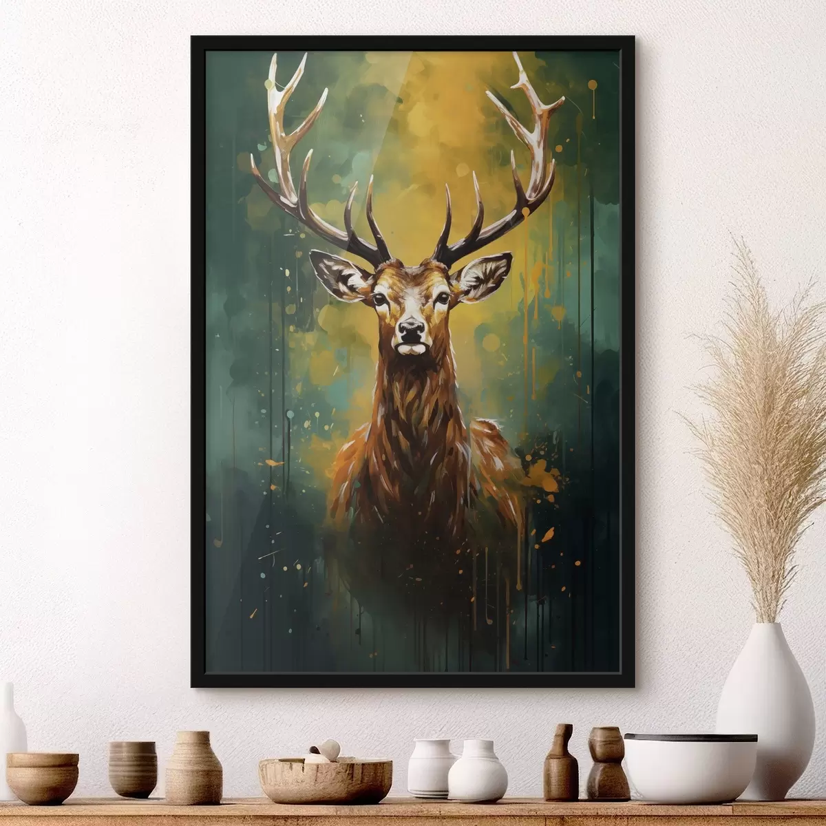 Poster cervo, corna, verde bosco, spruzzata d'arancio, ritratto di animale, goccia di vernice, audace, fauna selvatica f45111