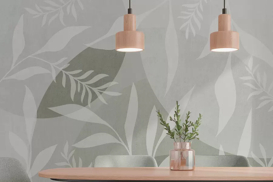 carta da parati Sagome di ramoscelli su uno sfondo di cerchi astratti, tonalità di verde nr. w04270v2