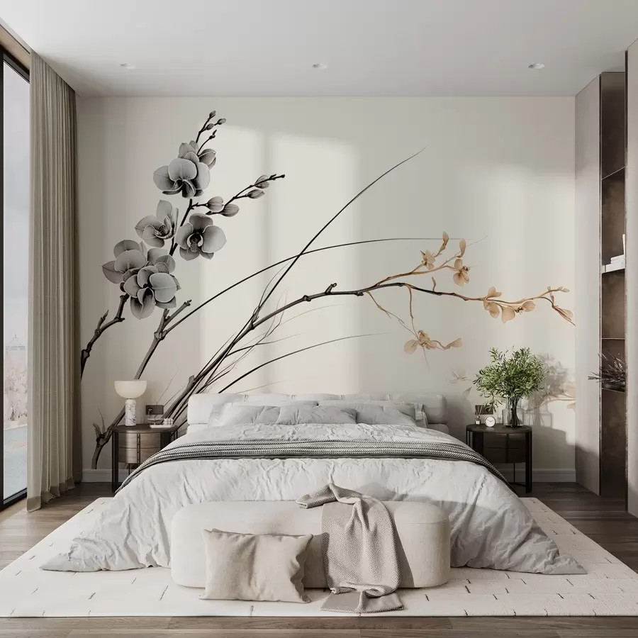 Carta da parati Floreale Ramo di orchidea minimalista in tenui toni seppia e grigi n. w09250