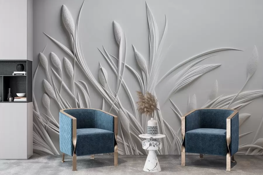 Carta da parati nature Bassorilievo con delicate foglie e pampa 