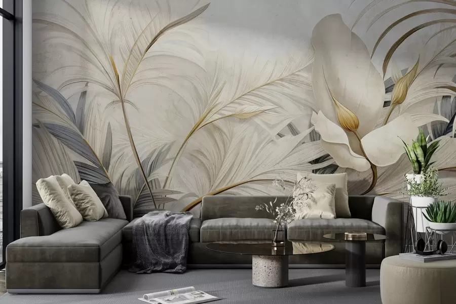 carta da parati Piante tropicali su un muro di cemento nr. w04249