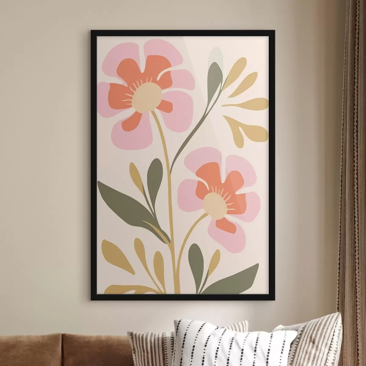Poster Fiori stilizzati rosa e arancione con foglie verdi f45140