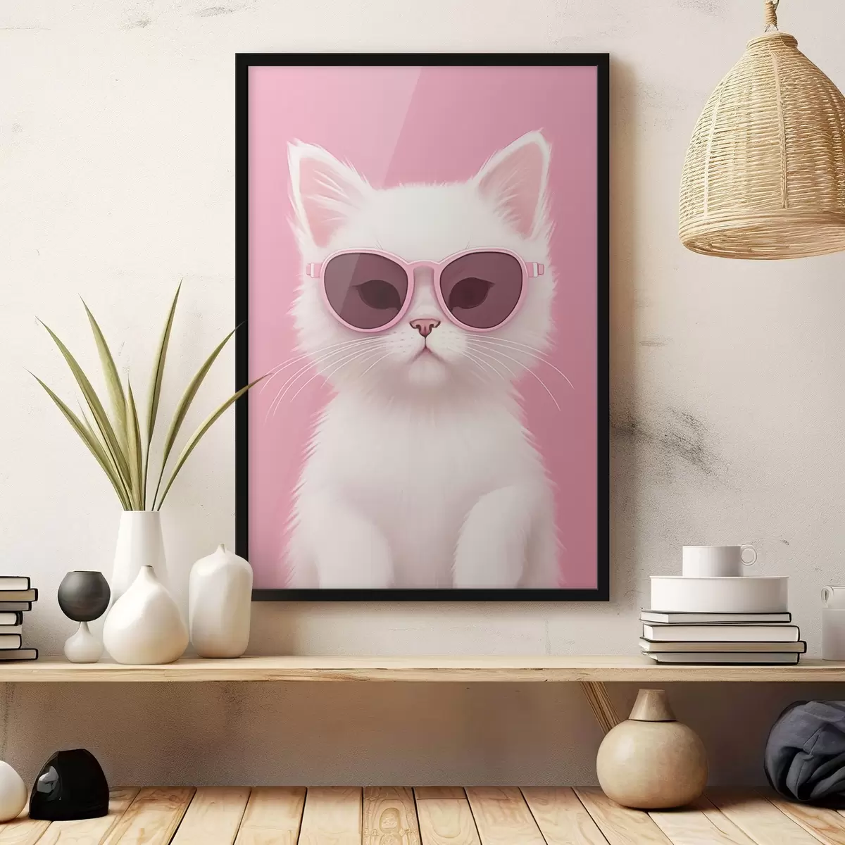 Poster Gatto bianco con occhiali rosa f45145
