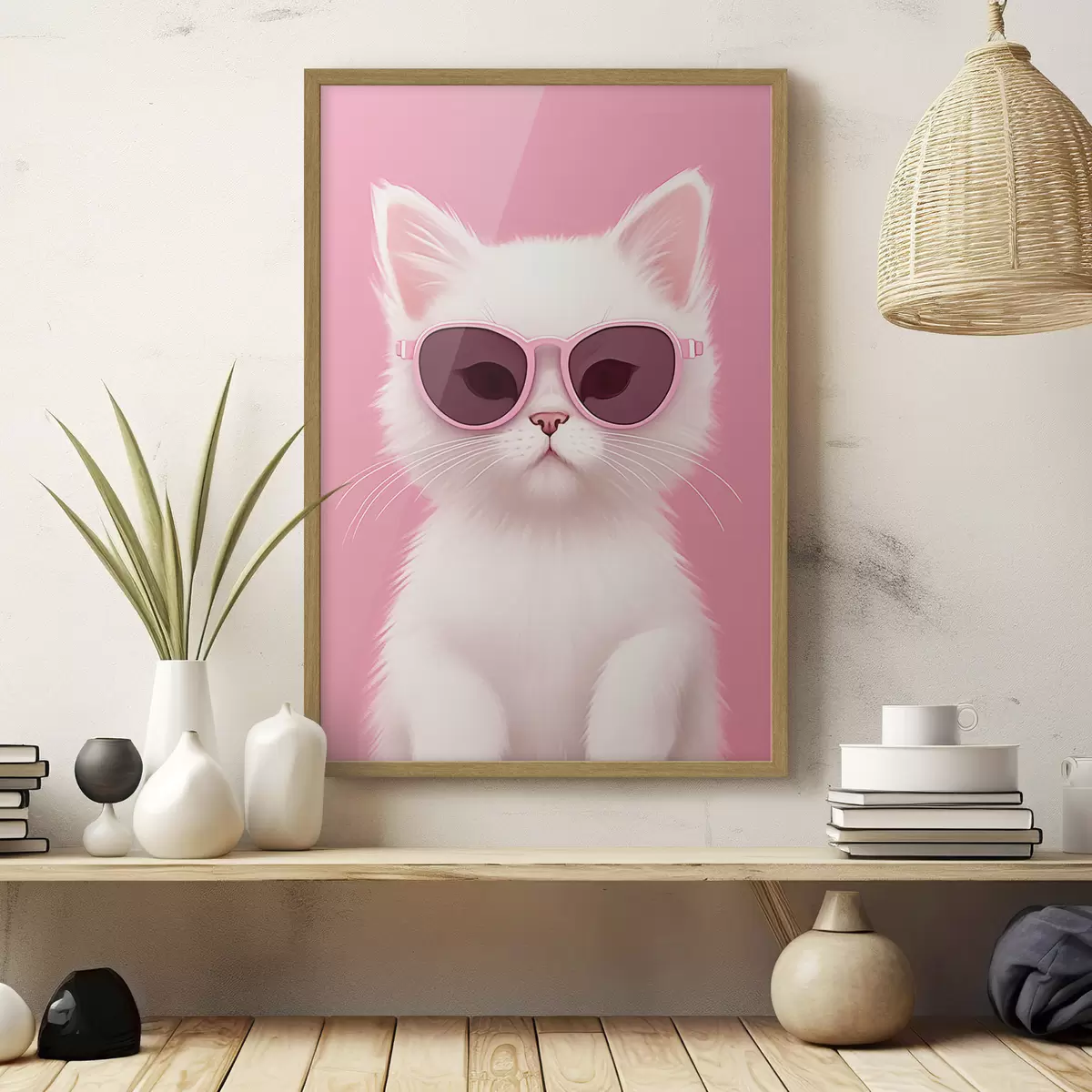 Poster Gatto bianco con occhiali rosa f45145