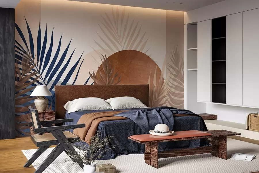 carta da parati Composizione astratta con foglie tropicali nei toni del blu e della terra, con una grande forma circolare nr. w09257