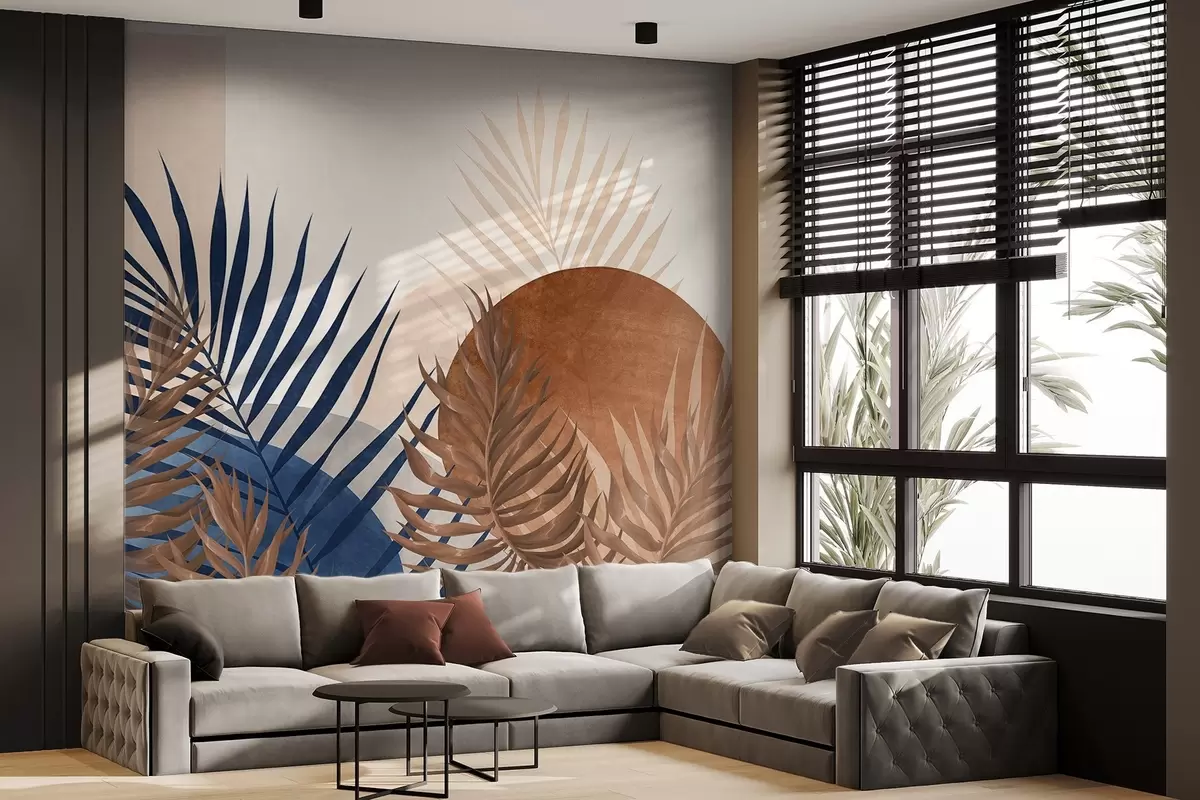 carta da parati Composizione astratta con foglie tropicali nei toni del blu e della terra, con una grande forma circolare nr. w09257