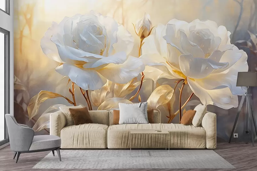 Carta da parati Floreale Rose bianche strutturate con steli e foglie gialle, illuminazione soffusa, sfondo chiaro con forme floreali sfocate n. w09258