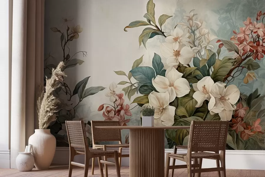 Carta da parati Floreale Fiori e foglie tropicali strutturati con morbide sfumature blu e verdi, pennellate delicate, stile botanico vintage n. w09259