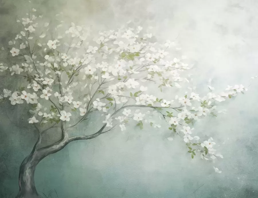 Carta da parati Floreale Un albero in fiore con fiori bianchi in piena fioritura, su uno sfondo granuloso e rumoroso di colore blu e verde tenue n. w09261