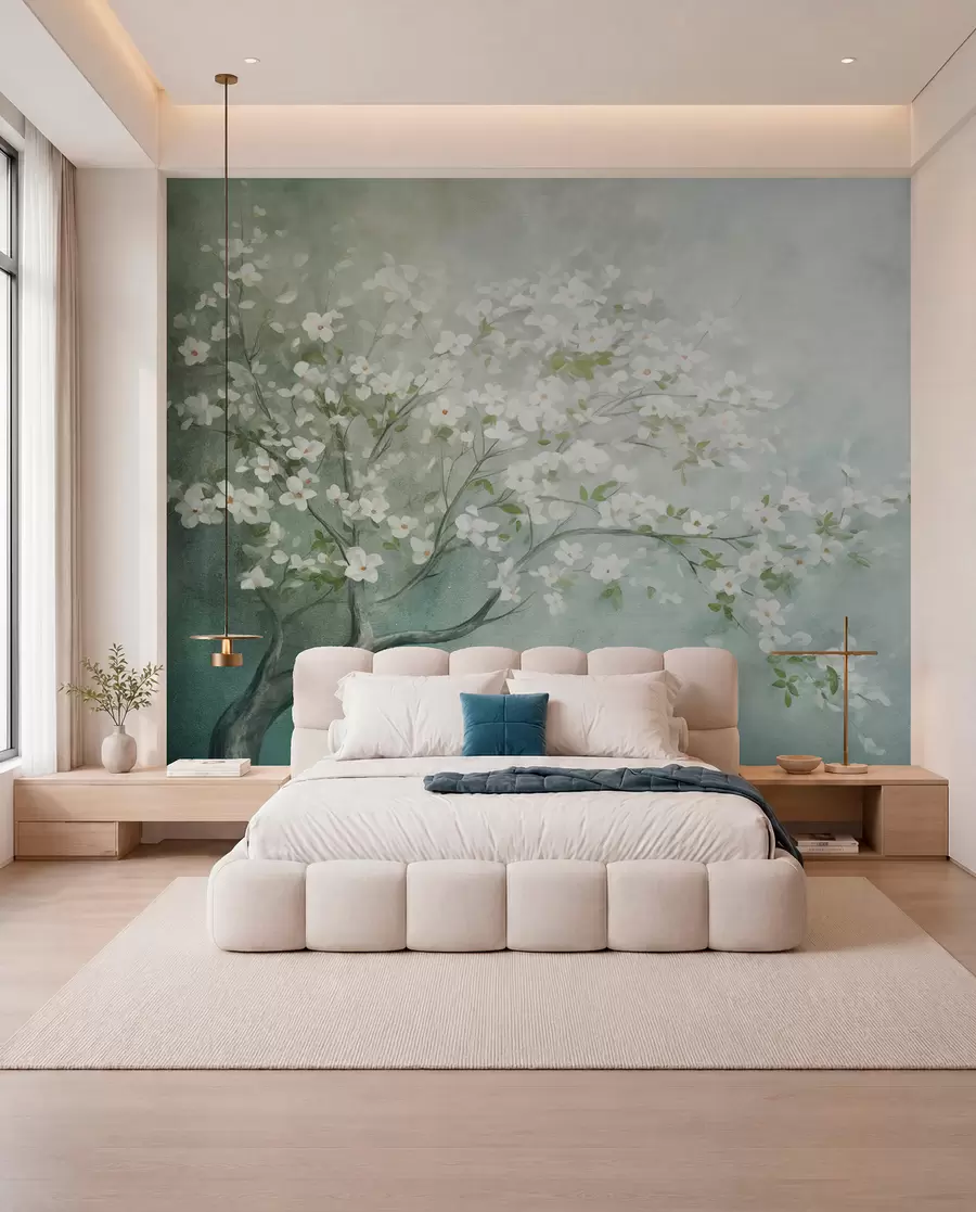 Carta da parati Floreale Un albero in fiore con fiori bianchi in piena fioritura, su uno sfondo granuloso e rumoroso di colore blu e verde tenue n. w09261