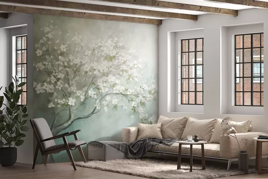 Carta da parati Floreale Un albero in fiore con fiori bianchi in piena fioritura, su uno sfondo granuloso e rumoroso di colore blu e verde tenue n. w09261