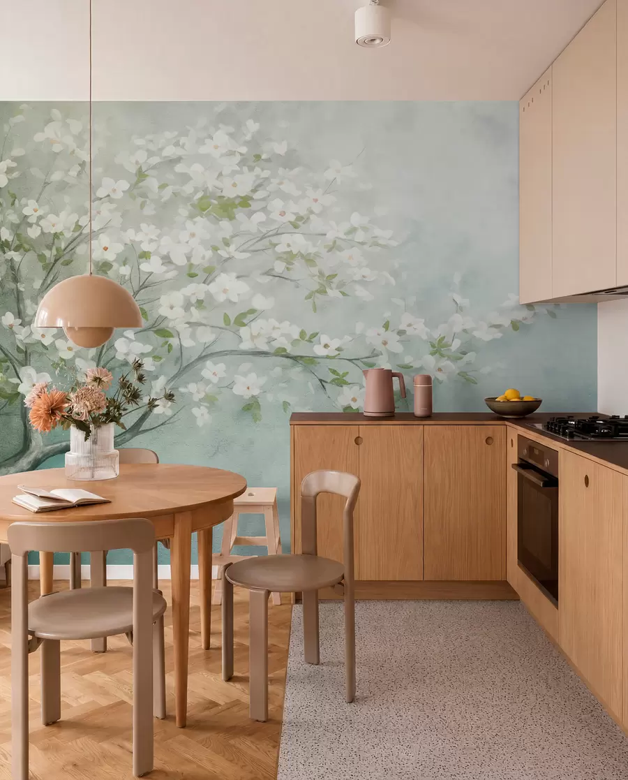 Carta da parati Floreale Un albero in fiore con fiori bianchi in piena fioritura, su uno sfondo granuloso e rumoroso di colore blu e verde tenue n. w09261