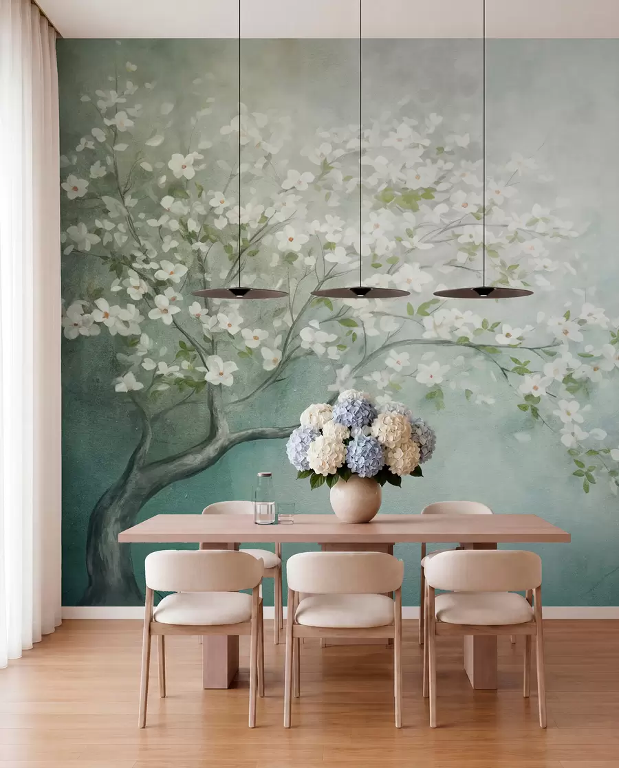 Carta da parati Floreale Un albero in fiore con fiori bianchi in piena fioritura, su uno sfondo granuloso e rumoroso di colore blu e verde tenue n. w09261