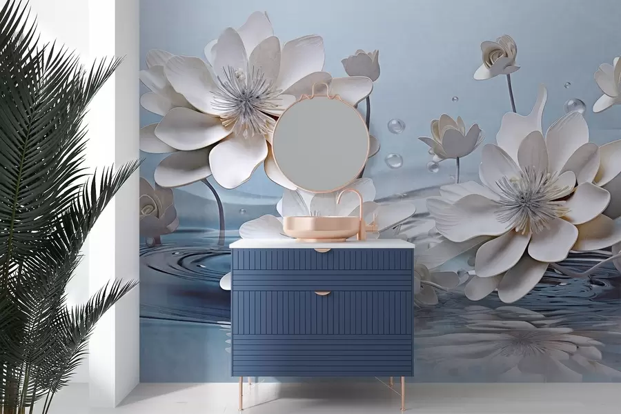 Carta da parati Floreale Fiori bianchi strutturati con gocce d'acqua, riflessi sulla superficie dell'acqua, sfondo azzurro, design elegante n. w09262