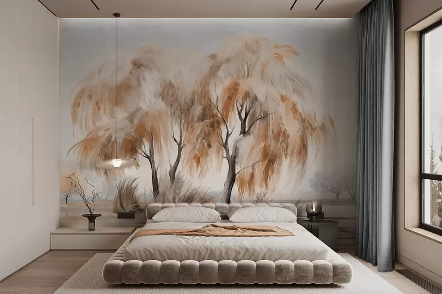 Carta da parati nature Salici strutturati con foglie bianche e marroni sulla riva di un lago, con dell'erba intorno, in una giornata nebbiosa 