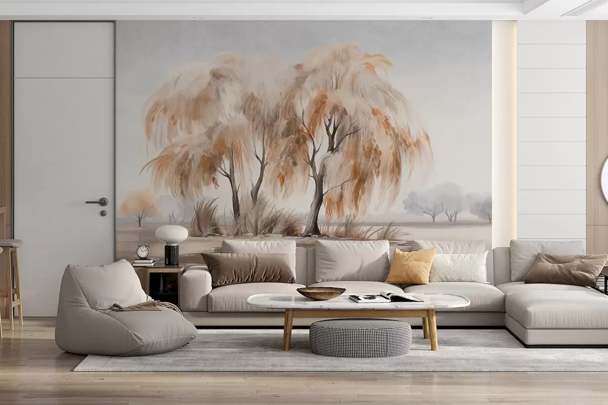 carta da parati Salici strutturati con foglie bianche e marroni sulla riva di un lago, con dell'erba intorno, in una giornata nebbiosa nr. w09268