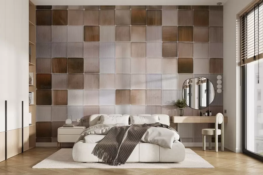 Carta da parati  Forme geometriche 3D Piastrelle quadrate in pietra a mosaico nei toni del marrone, del beige e del bianco, con una texture astratta scanalata e rumorosa