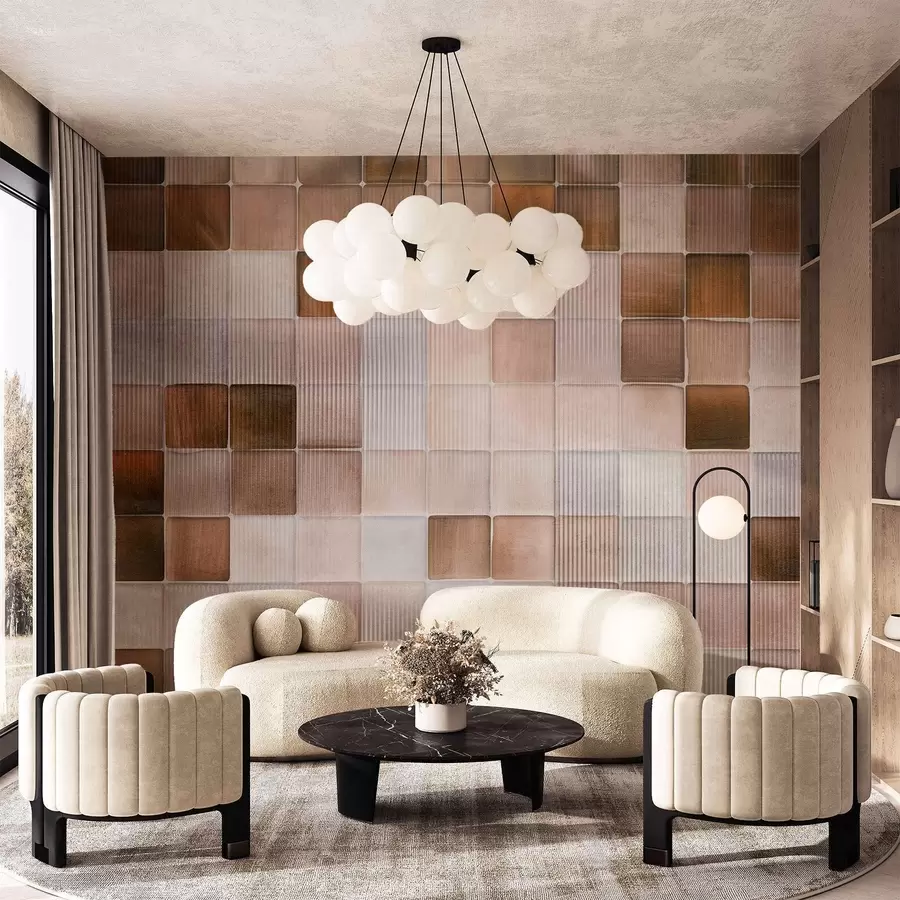 Carta da parati  Forme geometriche 3D Piastrelle quadrate in pietra a mosaico nei toni del marrone, del beige e del bianco, con una texture astratta scanalata e rumorosa