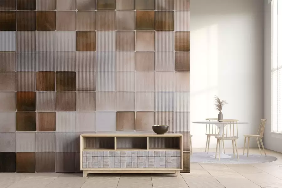 Carta da parati  Forme geometriche 3D Piastrelle quadrate in pietra a mosaico nei toni del marrone, del beige e del bianco, con una texture astratta scanalata e rumorosa