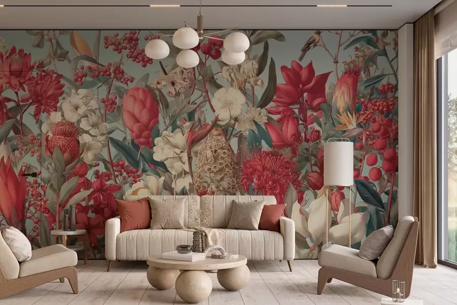 Carta da parati Floreale fiori tropicali strutturati su sfondo blu n. w04209