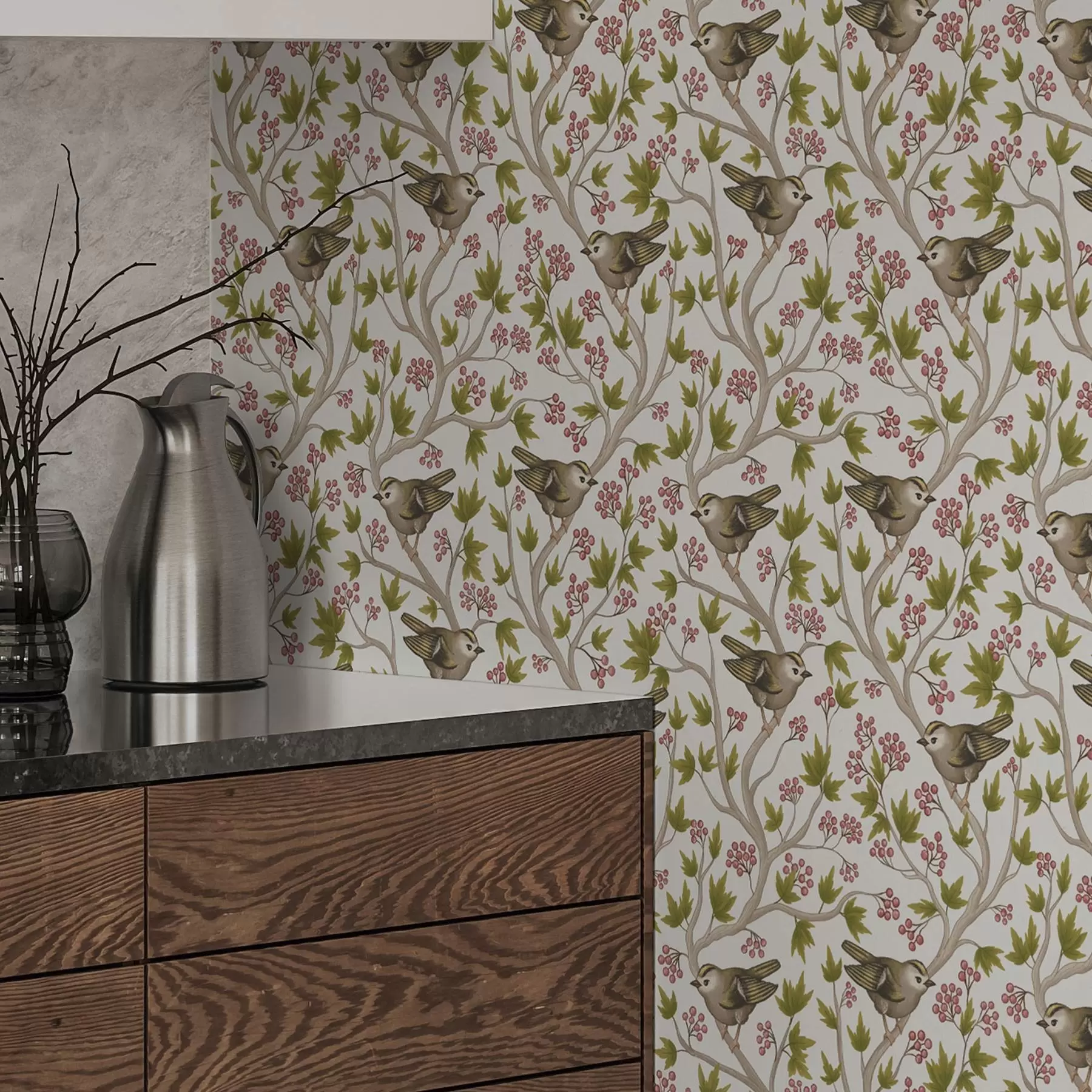 carta da parati Uccelli su rami con foglie e bacche su sfondo bianco nr. a00283