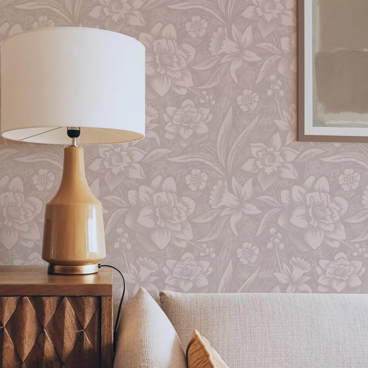 Carta da parati Disegno floreale monocromatico con narcisi su sfondo crema a00294