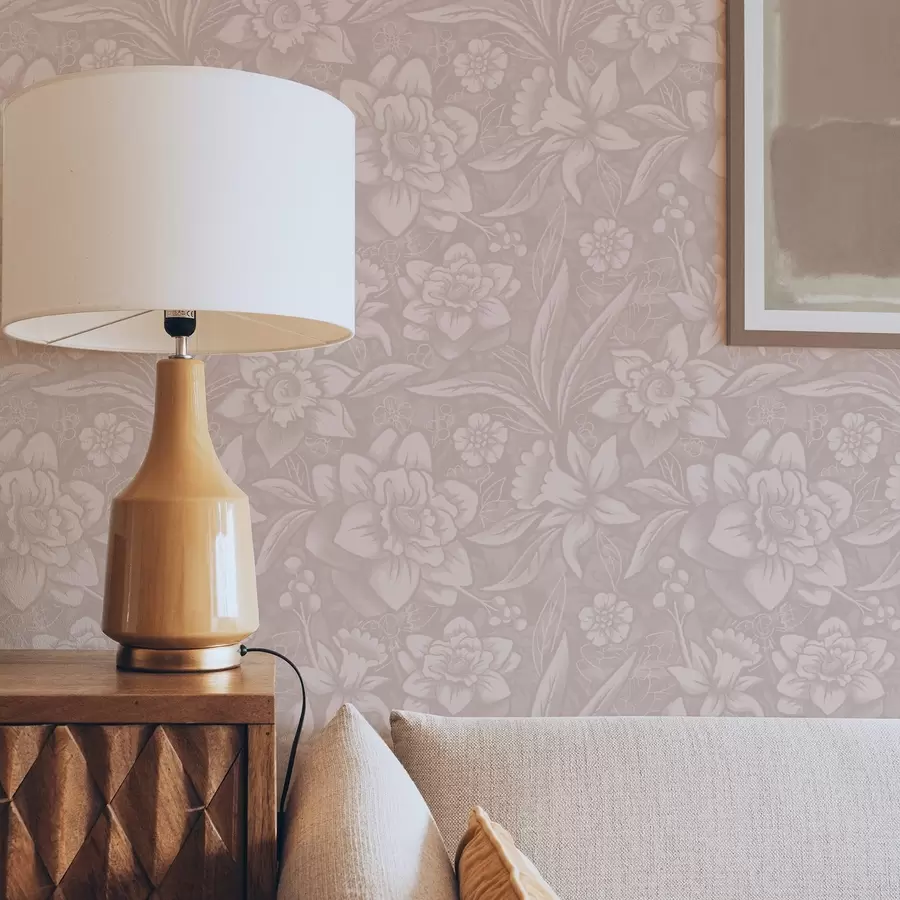 carta da parati Disegno floreale monocromatico con narcisi su sfondo crema nr. a00294