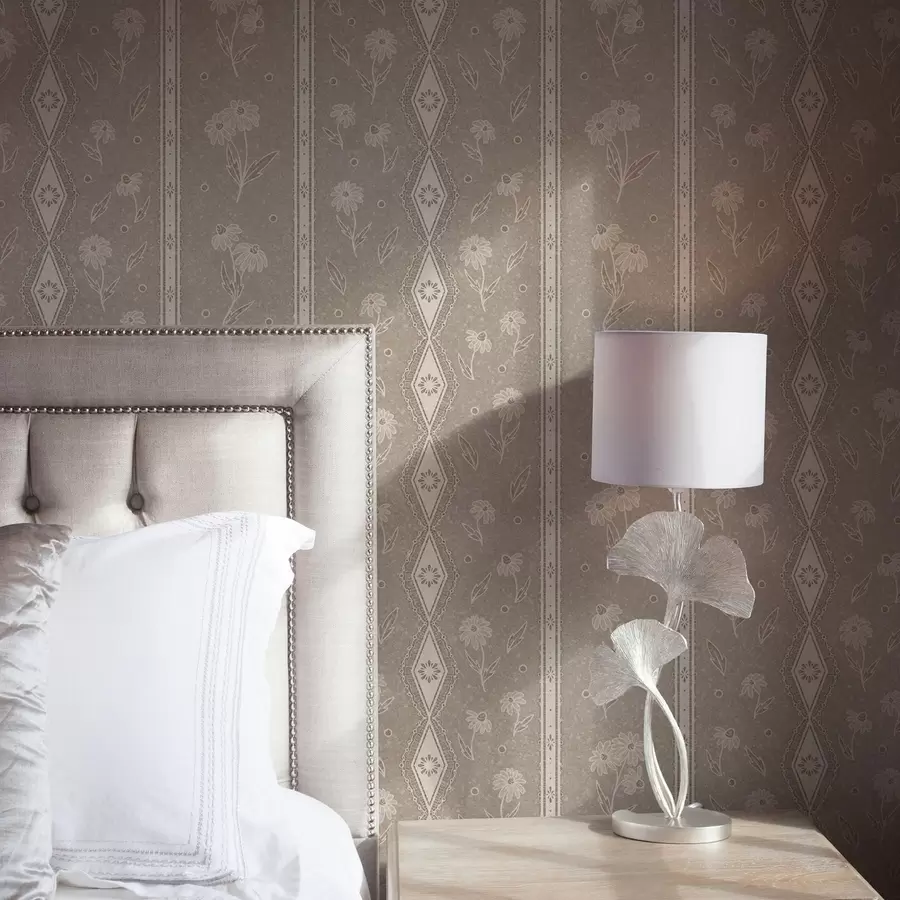 carta da parati Strisce con margherite e pizzo su sfondo grigio-beige nr. a00295