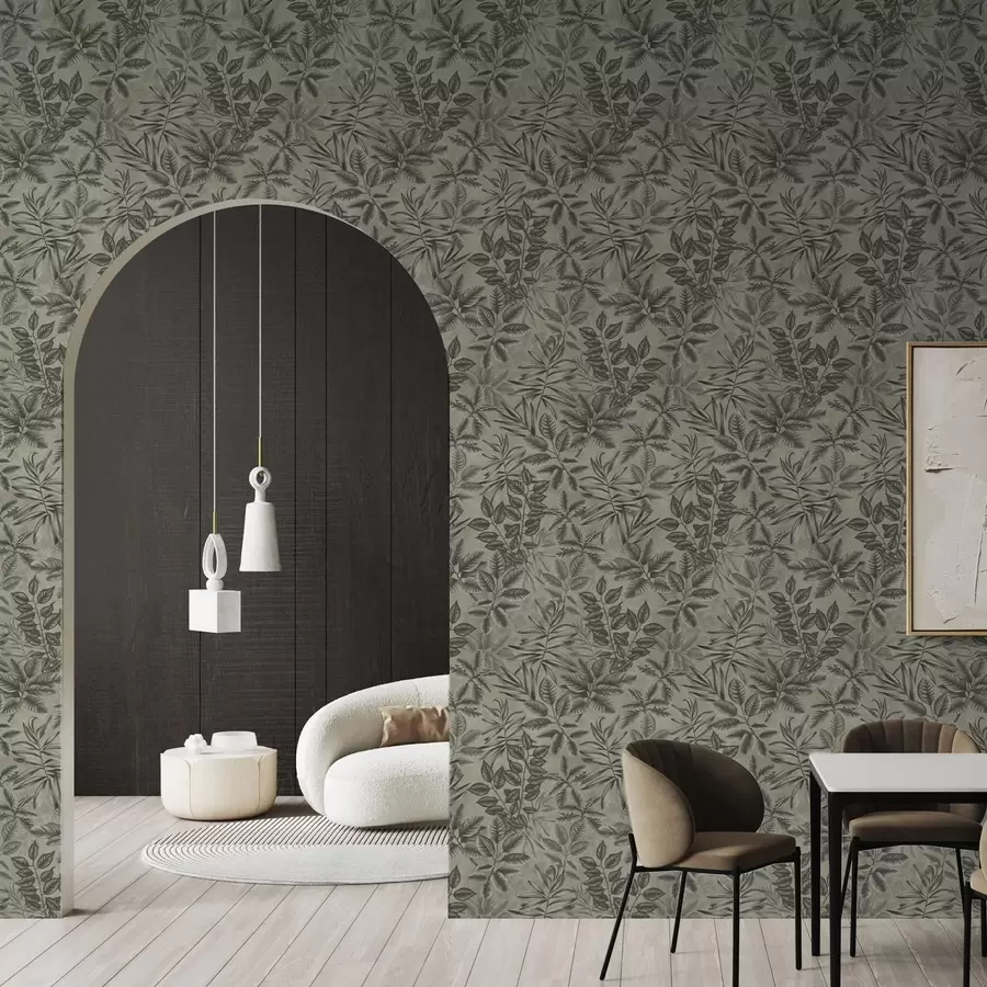 carta da parati Foglie tropicali grigie di varie forme su uno sfondo vintage nr. a00297