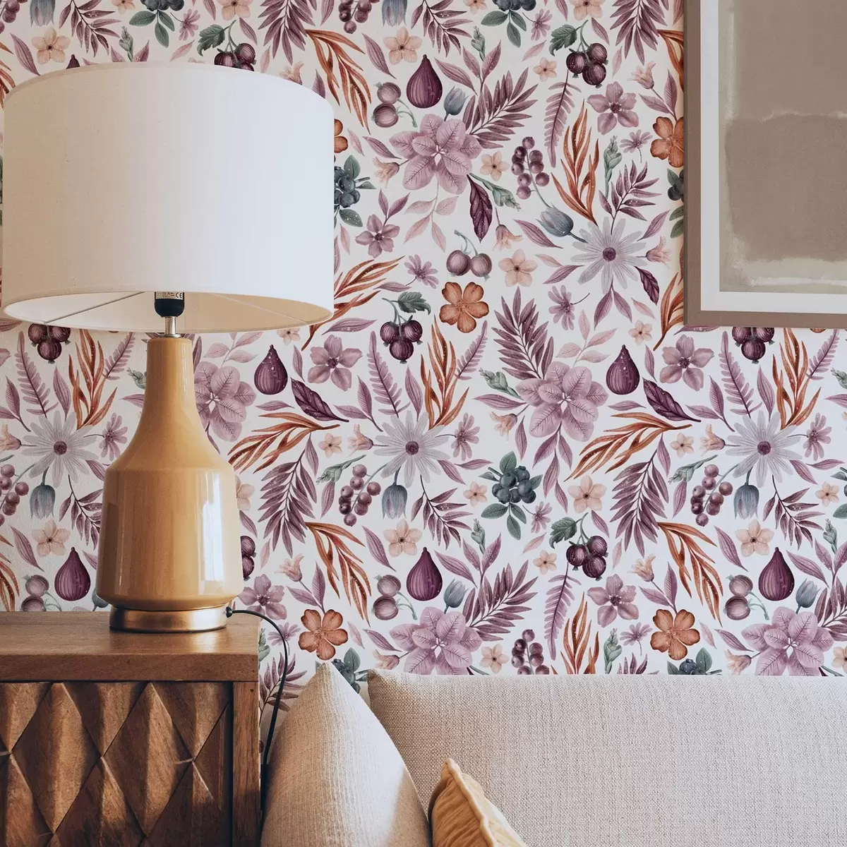 Carta da parati Bacche, fiori e foglie luminose in stile acquerello a00298