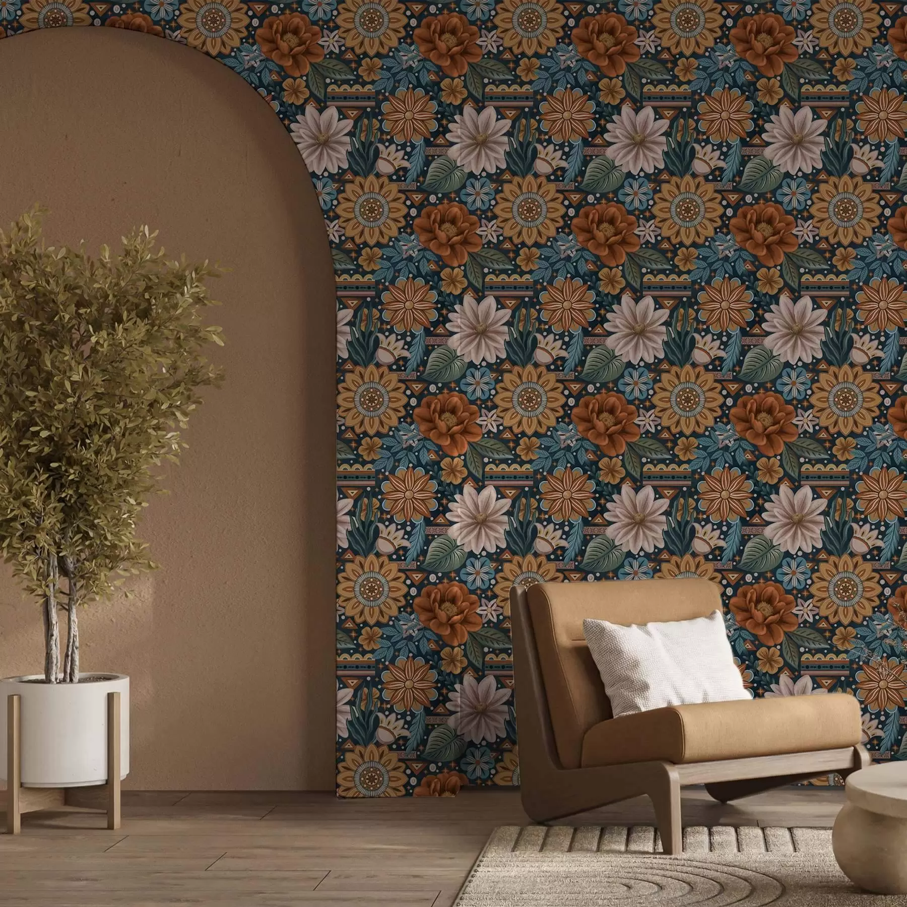 carta da parati Fiori decorativi luminosi con elementi geometrici nr. a00305