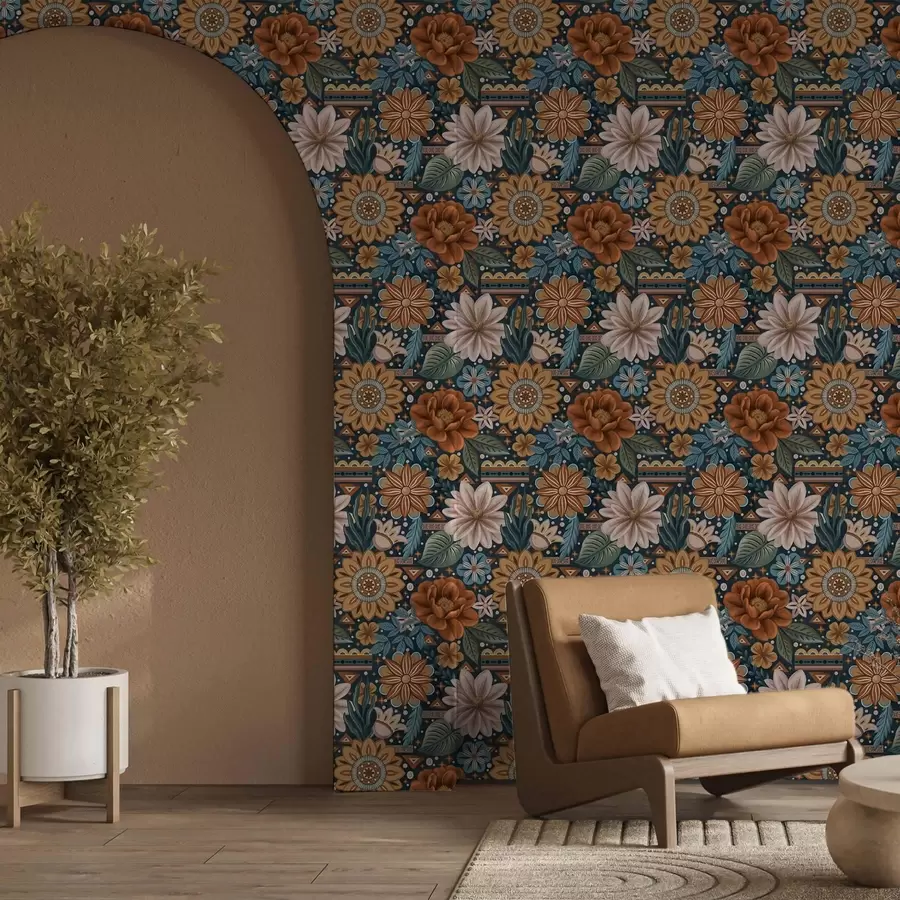 carta da parati Fiori decorativi luminosi con elementi geometrici nr. a00305