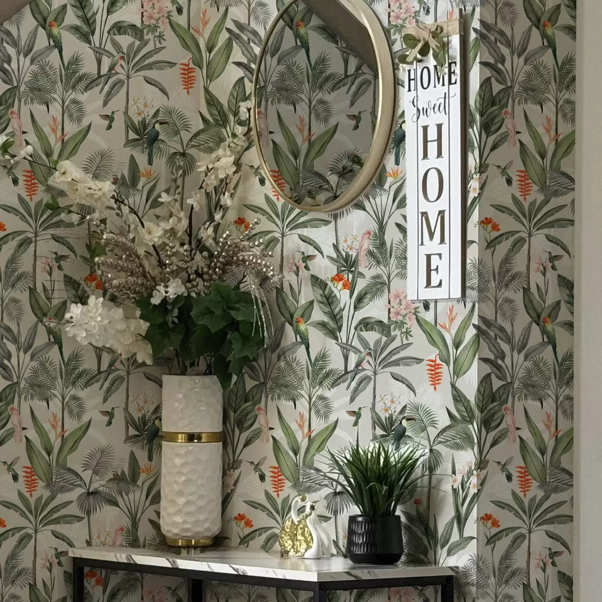 Carta da parati Uccelli tropicali tra le foglie di palma a00308