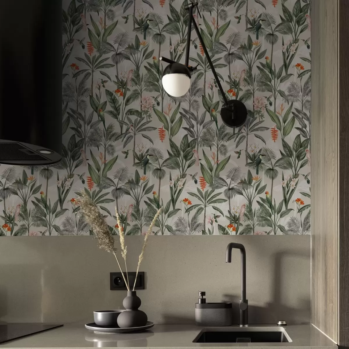 Carta da parati Uccelli tropicali tra le foglie di palma a00308