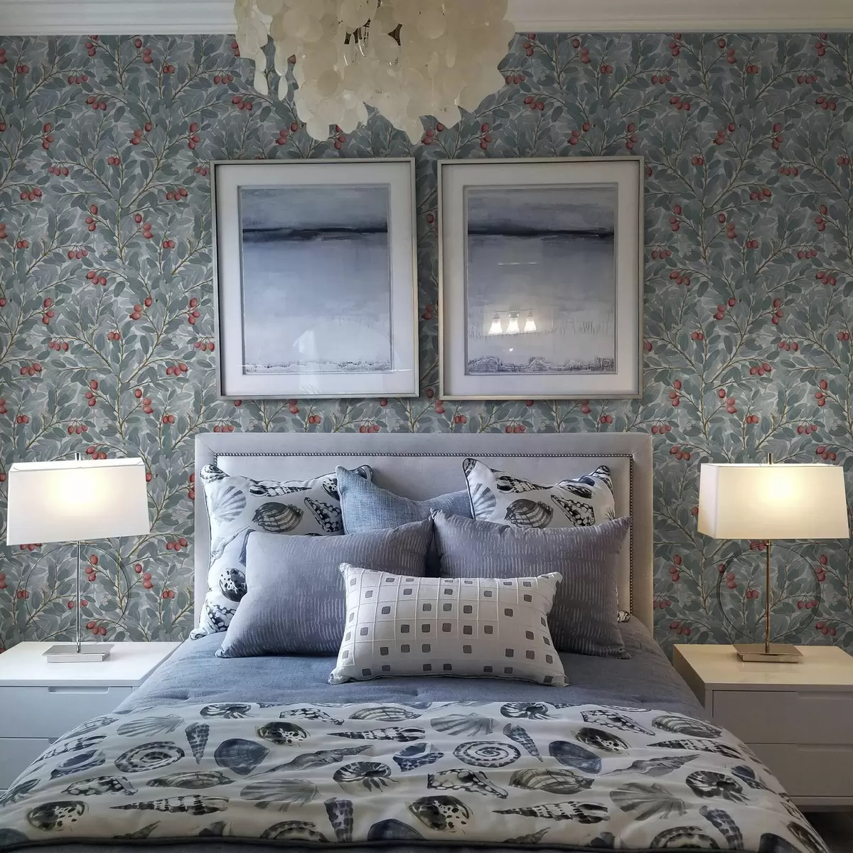 Carta da parati Foglie blu con rametti di bacche rosse a00309