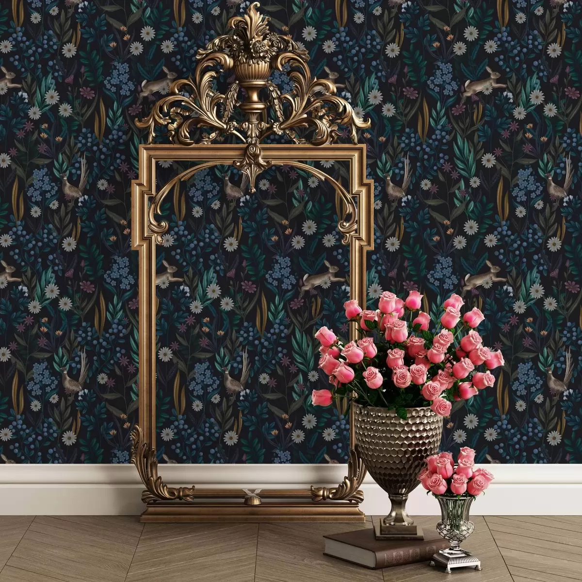 Carta da parati Foresta scura con fiori, lepre e uccello a00310