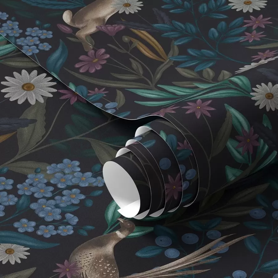 carta da parati Foresta scura con fiori, lepre e uccello nr. a00310