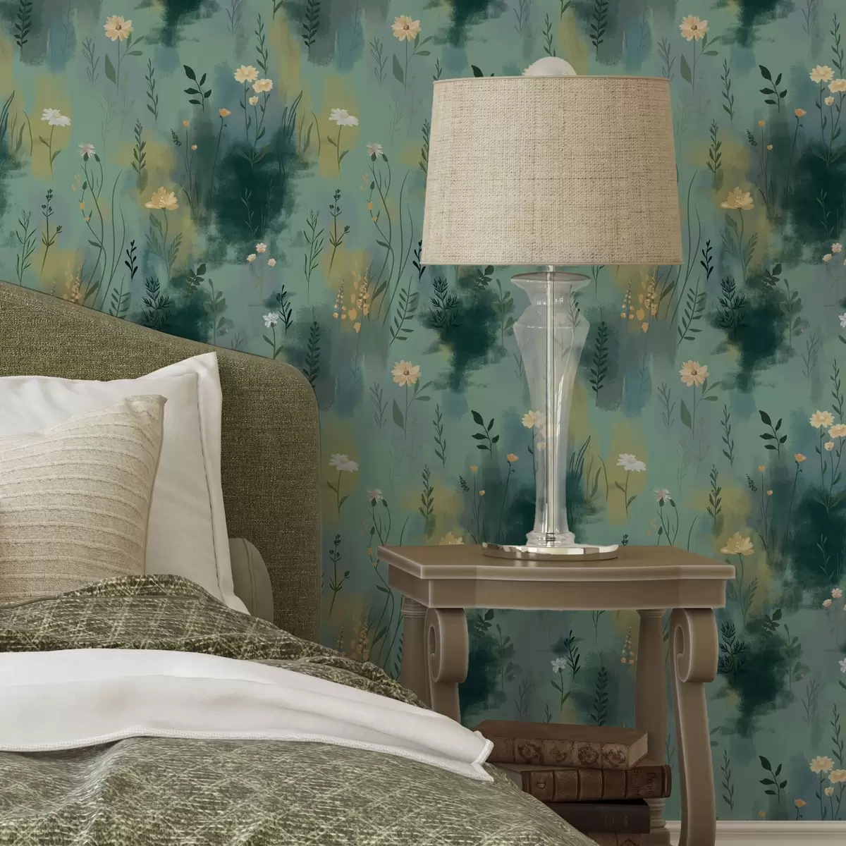 Carta da parati Astrazione acquerello con fiori su sfondo verde a00312