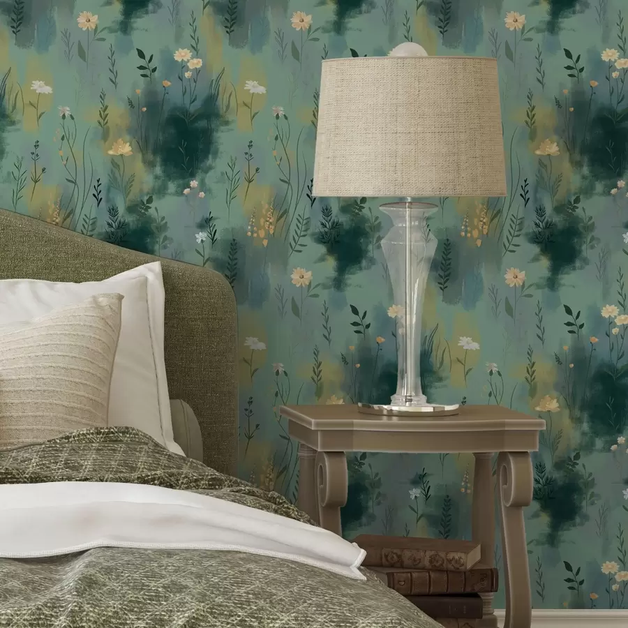 carta da parati Astrazione acquerello con fiori su sfondo verde nr. a00312