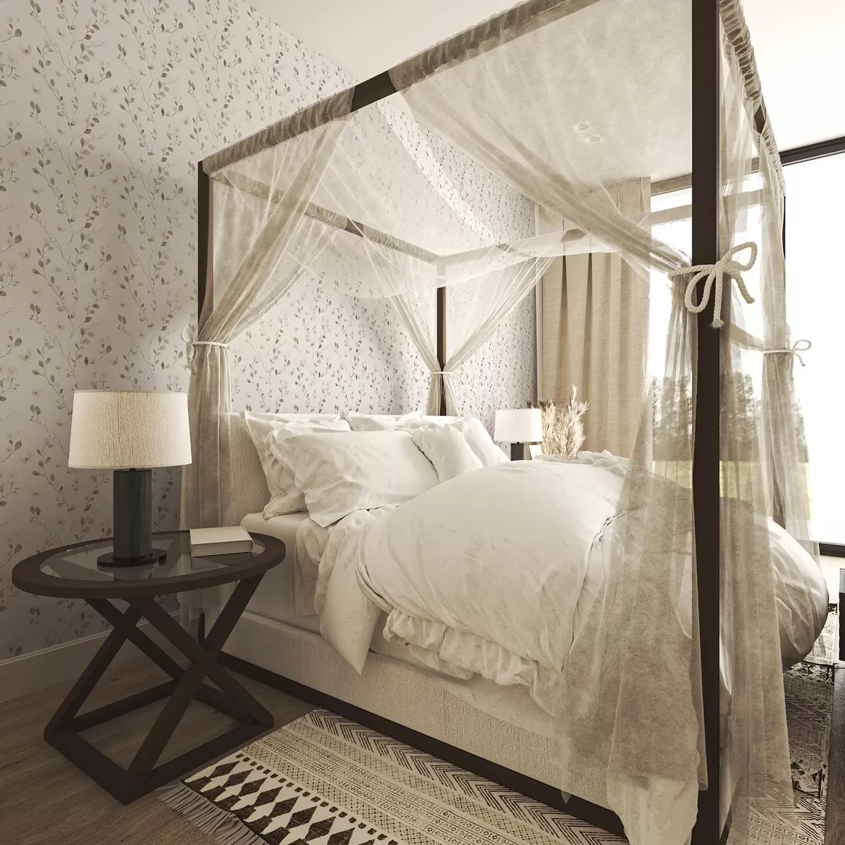 Carta da parati Rami sottili con fiori e farfalle su sfondo bianco a00342