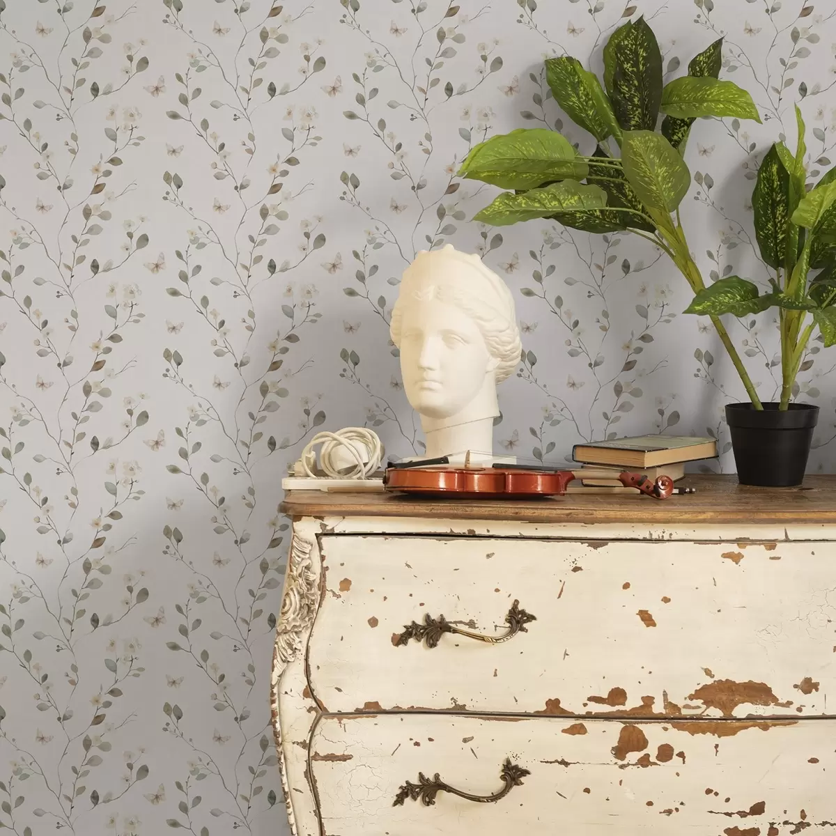 Carta da parati Rami sottili con fiori e farfalle su sfondo bianco a00342