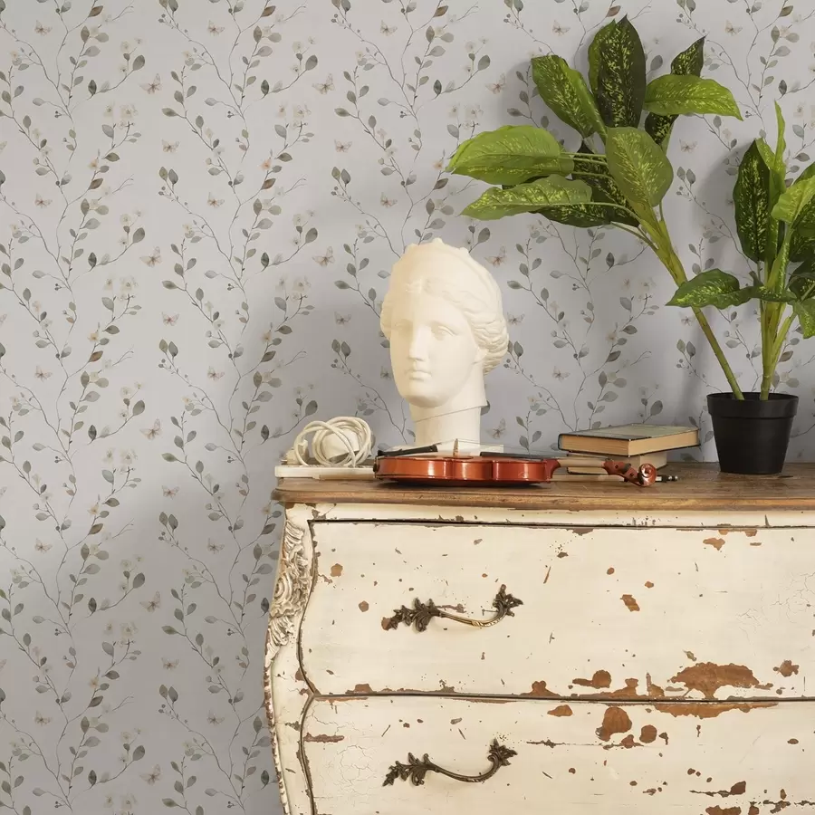 carta da parati Rami sottili con fiori e farfalle su sfondo bianco nr. a00342