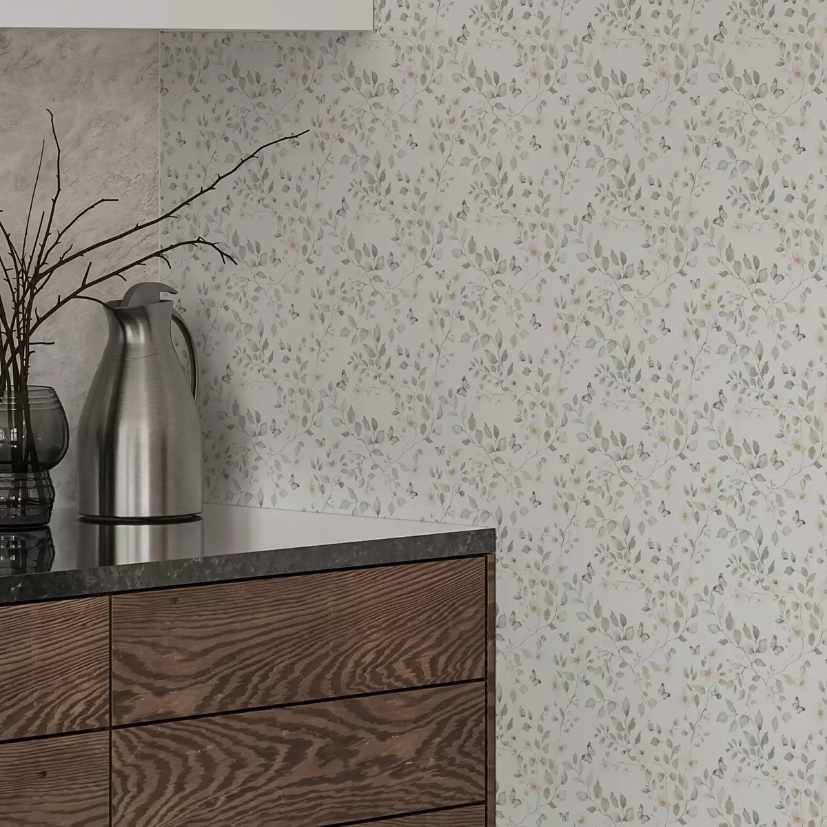 Carta da parati Rami leggeri con foglie e fiori in piccola ripetizione a00343