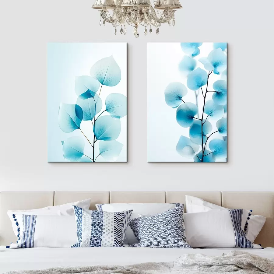 carta da parati Ramo con foglie blu traslucide, con delicate venature visibili, composizione leggera e tranquilla, estetica minimalista nr. m00522