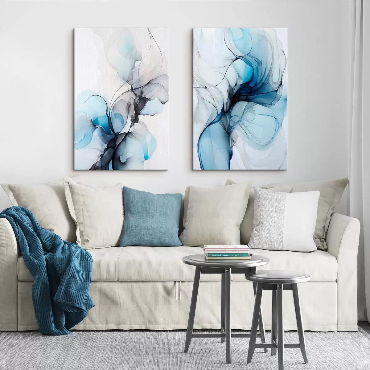 carta da parati Composizione astratta con linee fluide e petali traslucidi nei toni del blu, del bianco e del beige, imitazione di inchiostro ad alcool nr. m00523