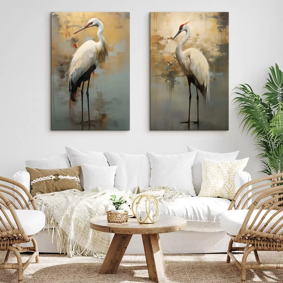 carta da parati Airone bianco su uno sfondo di sfumature gialle, marroni e blu che suggeriscono un paesaggio nebbioso e astratto nr. m00530