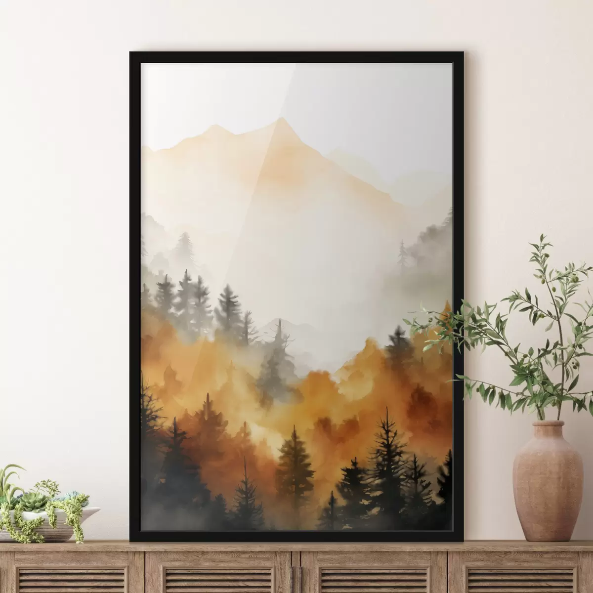 Poster Un paesaggio dipinto ad acquerello imitazione di una foresta con alti pini e montagne sullo sfondo f45169